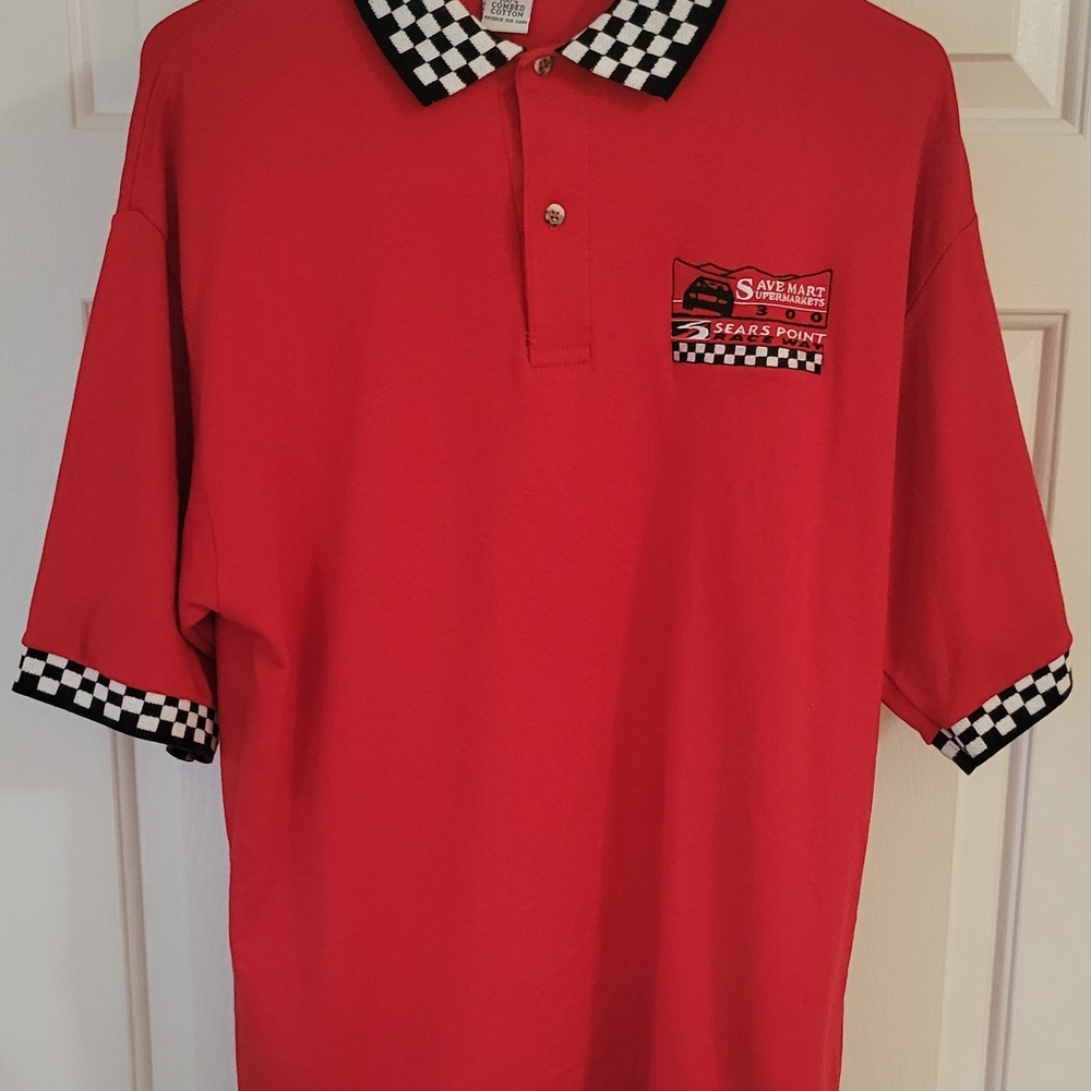 Red Polo Shirt with Checkered Trim
